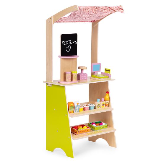 Grand stand en bois pour enfants avec terminal et balance fruits légumes 20 éléments ECOTOYS