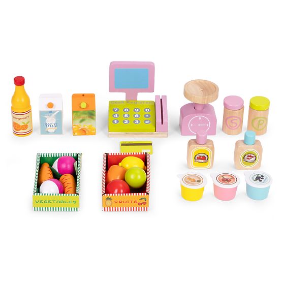 Grand stand en bois pour enfants avec terminal et balance fruits légumes 20 éléments ECOTOYS