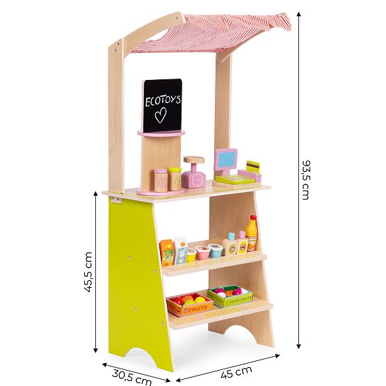 Grand stand en bois pour enfants avec terminal et balance fruits légumes 20 éléments ECOTOYS