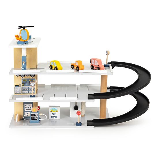Grande garage en bois avec ascenseur + voitures, hélicoptère, lave-auto ECOTOYS