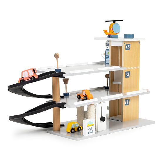 Grande garage en bois avec ascenseur + voitures, hélicoptère, lave-auto ECOTOYS