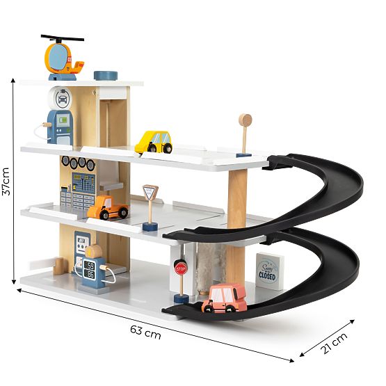 Grande garage en bois avec ascenseur + voitures, hélicoptère, lave-auto ECOTOYS