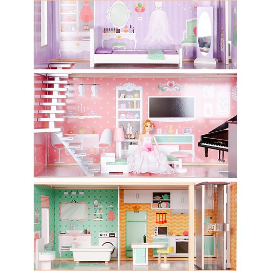 Grande maison de poupée en bois avec ascenseur mobile et meubles ECOTOYS