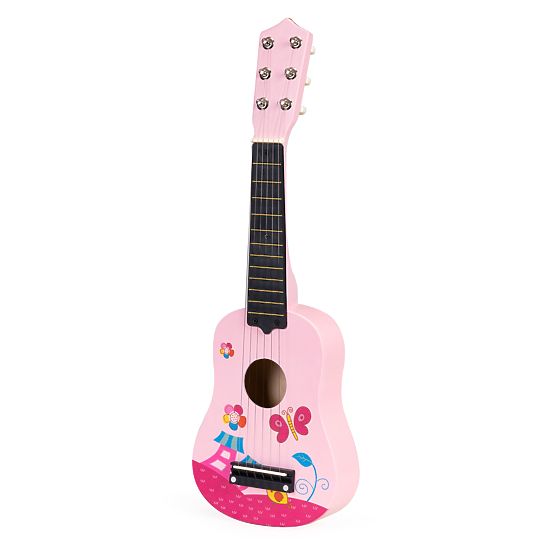 Guitare en bois pour enfants, cordes métalliques, médiator, rose ECOTOYS