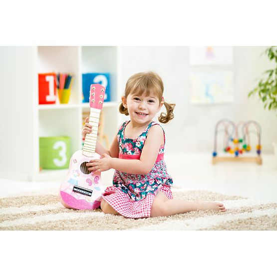 Guitare en bois pour enfants, cordes métalliques, médiator, rose ECOTOYS