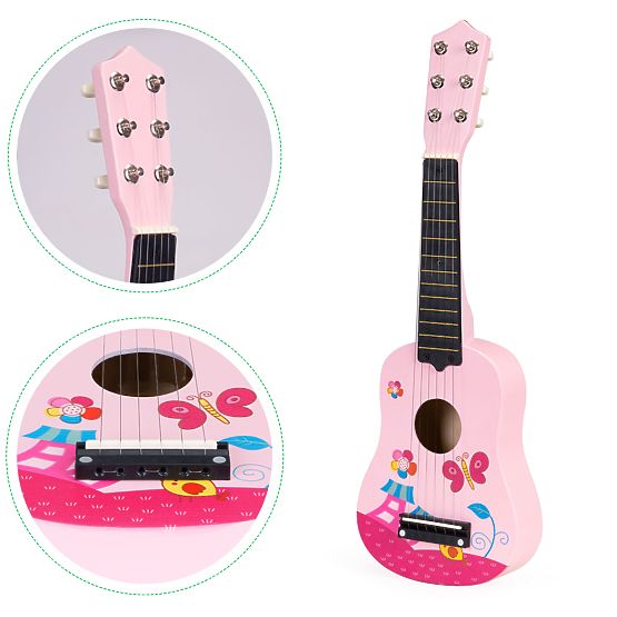 Guitare en bois pour enfants, cordes métalliques, médiator, rose ECOTOYS