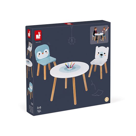 Janod Table et 2 Chaises en Bois - Ours et Pingouin