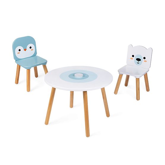 Janod Table et 2 Chaises en Bois - Ours et Pingouin