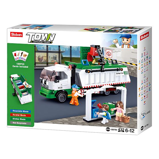 Jeu de construction Sluban Town M38-B0780 - Camion de recyclage des éboueurs + jeu de cartes