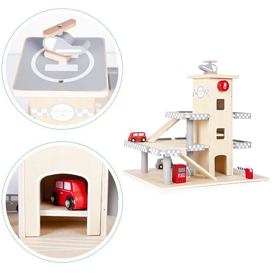 Le garage à trois étages d'Alex avec un ascenseur, des voitures et un hélicoptère