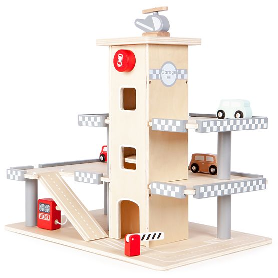 Le garage à trois étages d'Alex avec un ascenseur, des voitures et un hélicoptère