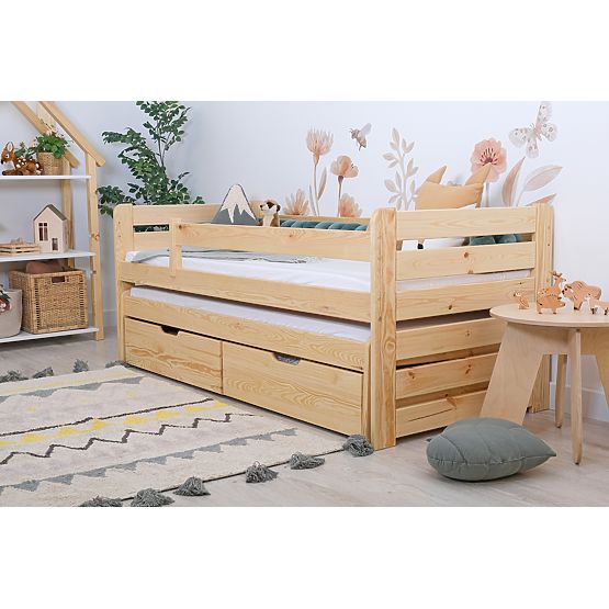 Lit enfant avec lit gigogne et barrière Praktik - naturel