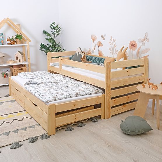 Lit enfant avec lit gigogne et barrière Praktik - naturel