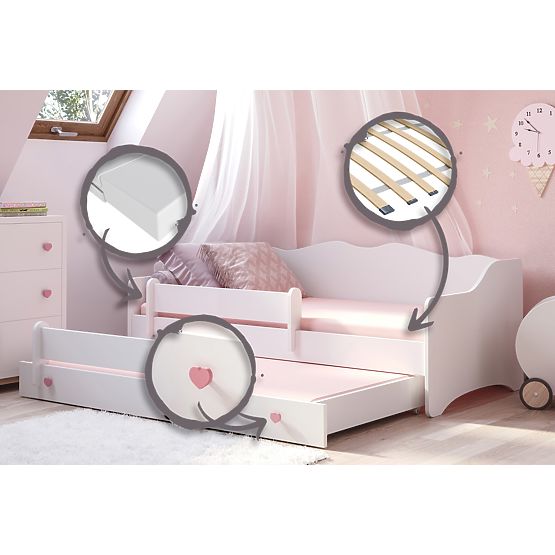 Lit double EMMA avec tiroir et barrière 160x80 poignée rose