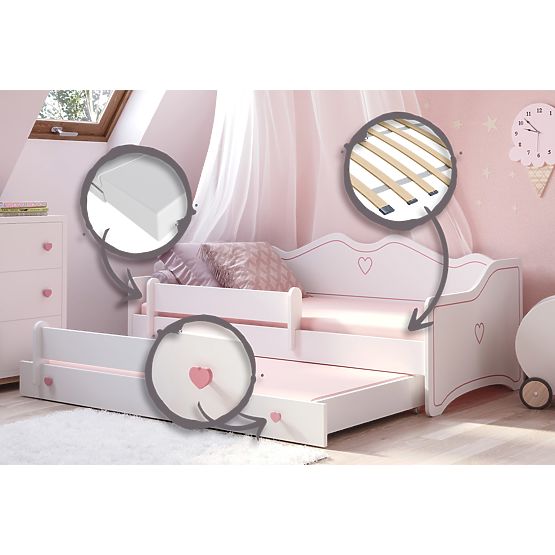 Lit double EMMA avec tiroir et barrière 160x80 rose