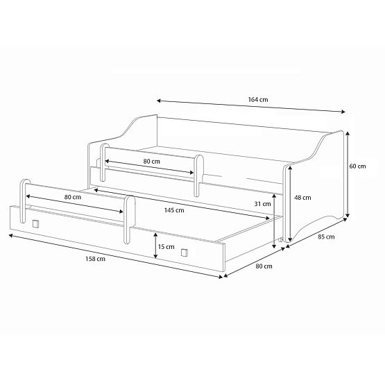 Lit double ERYK avec tiroir et barrière 160x80 poignée noire