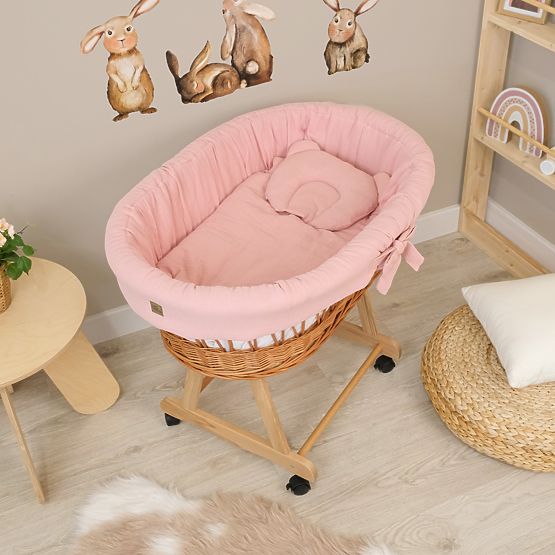 Berceau en osier avec équipement pour bébé - vieux rose