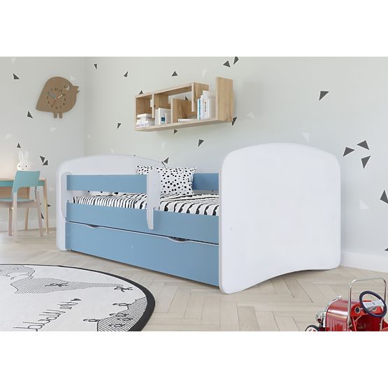 Lit pour enfant avec barrière Ourbaby - bleu-blanc