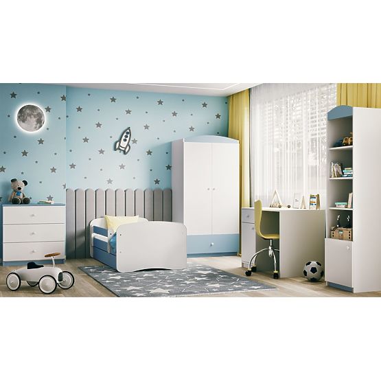Lit pour enfant avec barrière Ourbaby - bleu-blanc