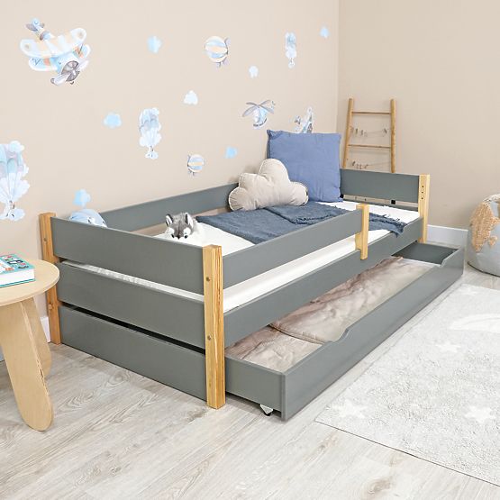 Lit enfant en bois Scandie avec barrière - gris