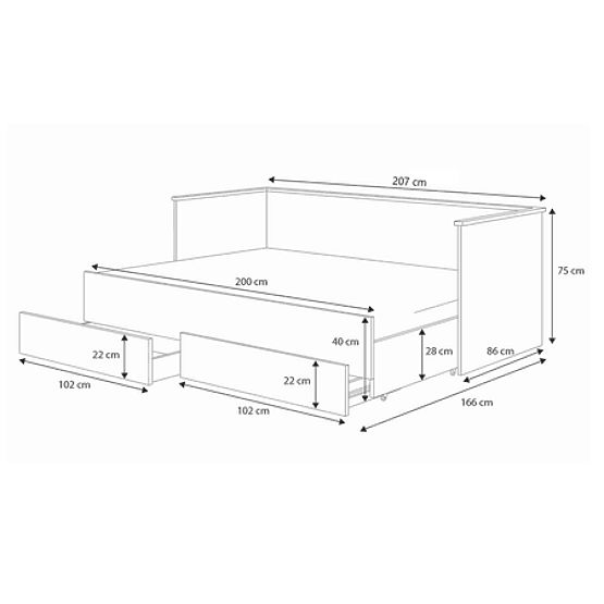 Lit gigogne HELIOS avec deux tiroirs gris sans matelas 200x80/200x160