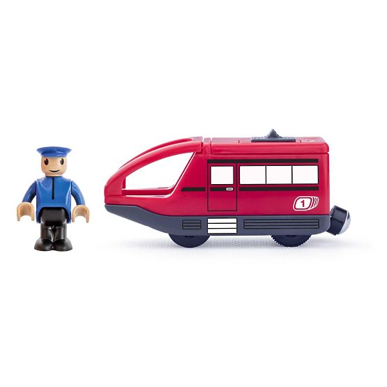 Locomotive rouge avec conducteur sur batterie