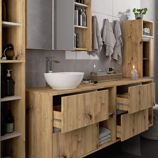 MEUBLE DE SALLE DE BAIN SOUS LAVABO AVEC TROUS VAMI W90 UM 2SZ 2P CHÊNE ARTISAN / CACHEMIRE