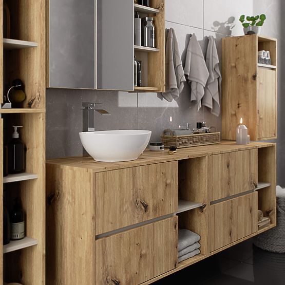 MEUBLE DE SALLE DE BAIN SOUS LAVABO AVEC TROUS VAMI W90 UM 2SZ 2P CHÊNE ARTISAN / CACHEMIRE