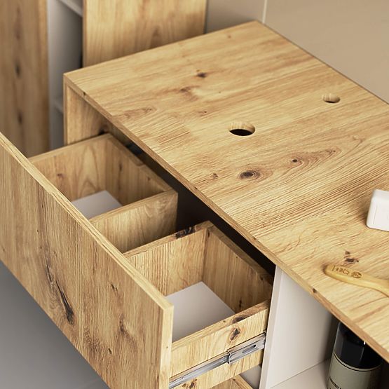 MEUBLE DE SALLE DE BAIN SOUS LAVABO AVEC TROUS VAMI W90 UM 2SZ 2P CHÊNE ARTISAN / CACHEMIRE