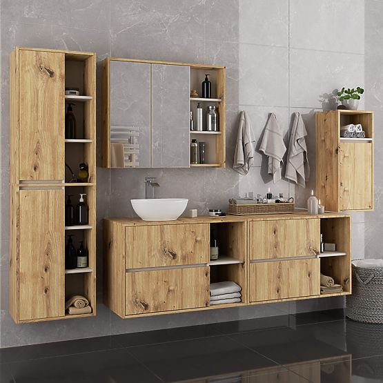 MEUBLE DE SALLE DE BAIN SOUS LAVABO AVEC TROUS VAMI W90 UM 2SZ 2P CHÊNE ARTISAN / CACHEMIRE
