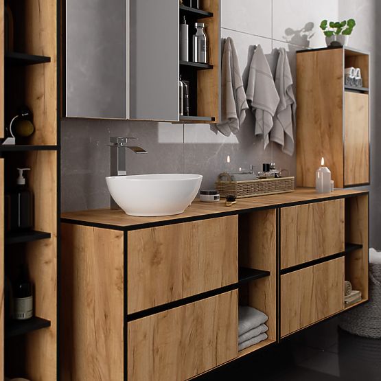 MEUBLE DE SALLE DE BAIN SOUS LAVABO AVEC TROUS VAMI W90 UM 2SZ 2P CHÊNE CRAFT / NOIR