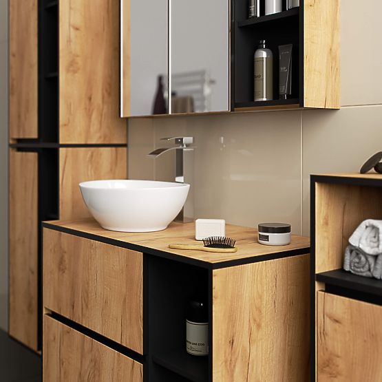 MEUBLE DE SALLE DE BAIN SOUS LAVABO AVEC TROUS VAMI W90 UM 2SZ 2P CHÊNE CRAFT / NOIR