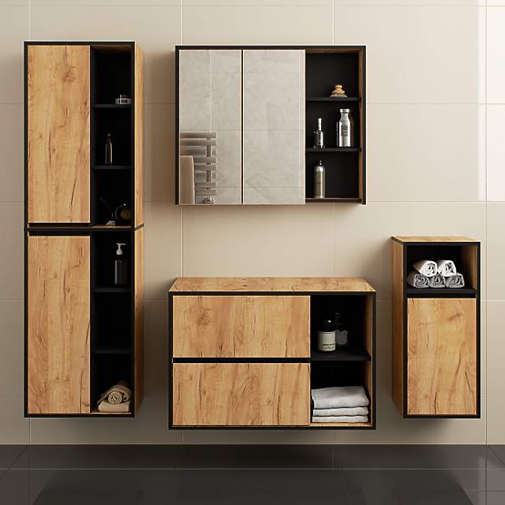 MEUBLE DE SALLE DE BAIN SOUS LAVABO AVEC TROUS VAMI W90 UM 2SZ 2P CHÊNE CRAFT / NOIR