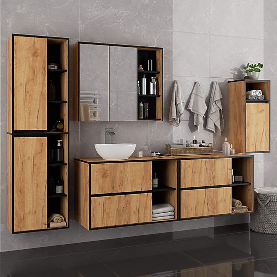 MEUBLE DE SALLE DE BAIN SOUS LAVABO AVEC TROUS VAMI W90 UM 2SZ 2P CHÊNE CRAFT / NOIR