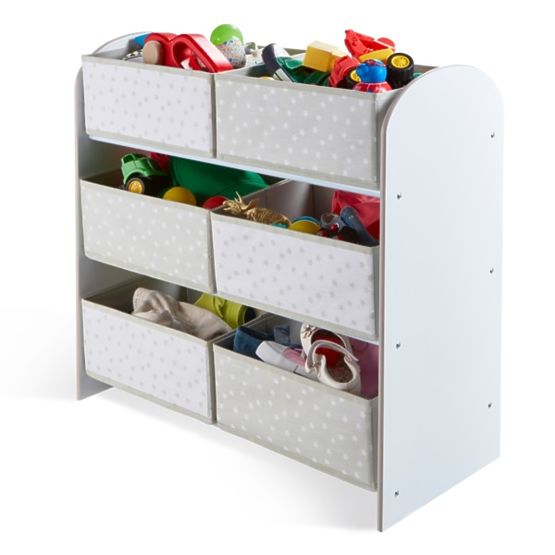 Organisateur de jouets avec des boîtes grises et blanches