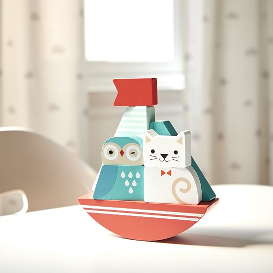 Petit Collage Tour à empiler en bois Hibou et chaton