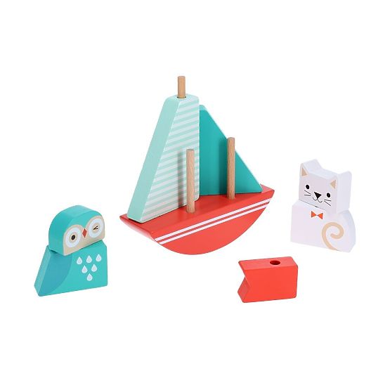 Petit Collage Tour à empiler en bois Hibou et chaton