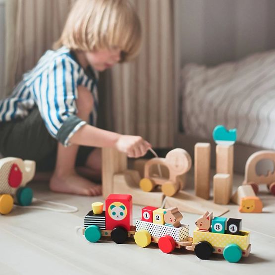 Petit Collage Train en bois avec chiffres et amis animaux
