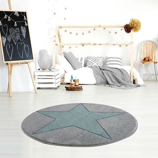 Pour enfants rond tapis STAR gris argenté/ menthe