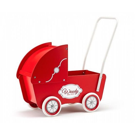 Poussette en bois rouge pour poupées