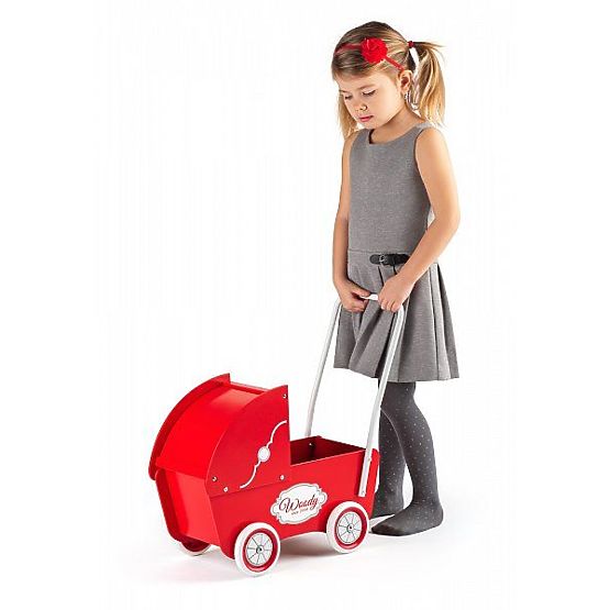 Poussette en bois rouge pour poupées