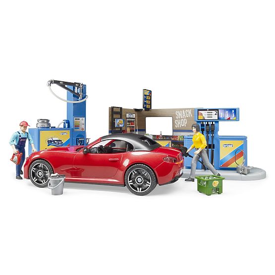 Station-service Bruder avec voiture et 2 figurines