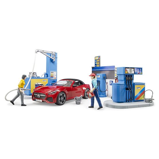 Station-service Bruder avec voiture et 2 figurines