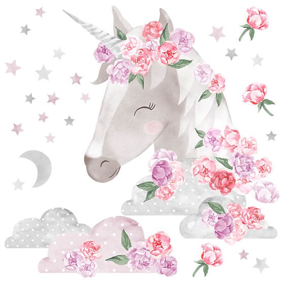 Sticker mural Licorne avec fleurs - rose
