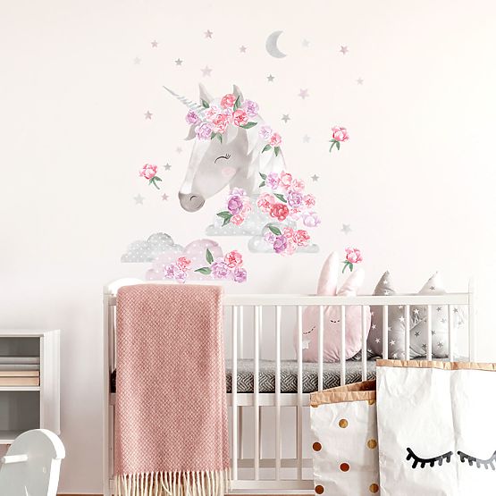 Sticker mural Licorne avec fleurs - rose