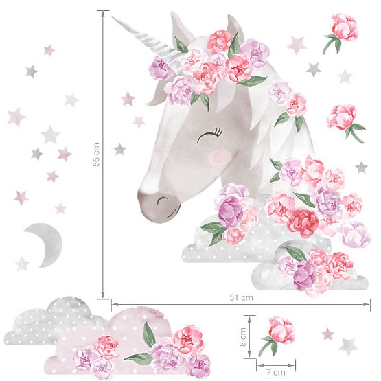 Sticker mural Licorne avec fleurs - rose