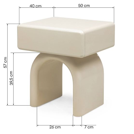 Table de nuit avec tiroir Blush, crème blanche, brillante, forme arquée
