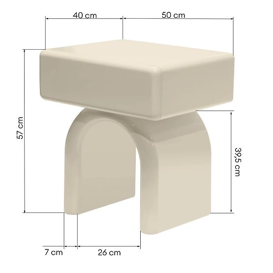 Table de nuit avec tiroir Blush, crème blanche, brillante, forme arquée