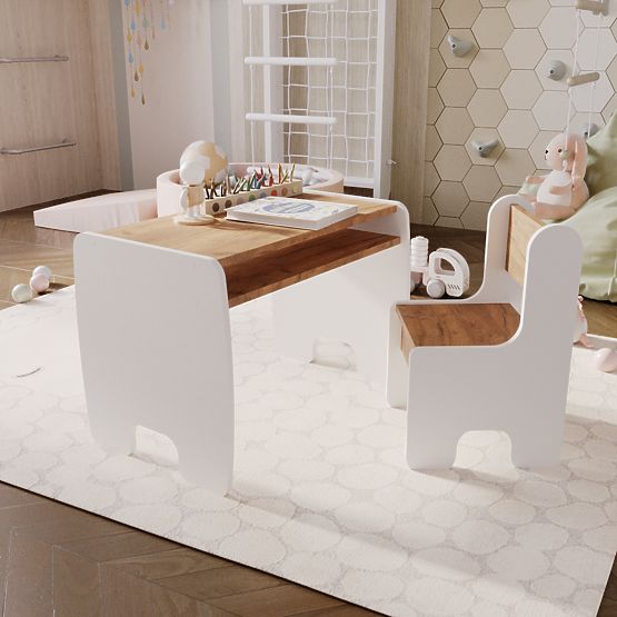table pour enfant Timi + chaise couleur blanc / chêne craft doré