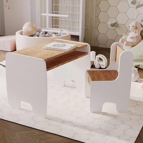 table pour enfant Timi + chaise couleur blanc / chêne craft doré